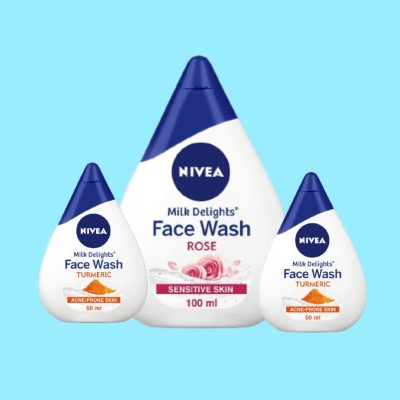 NIVEA 1 Rose 100ml & 2p Turmeric 50ml facewash Set of 3 Face Wash(200 ml)