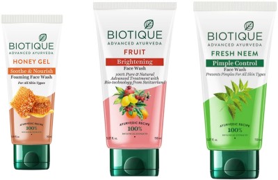 BIOTIQUE  - Honey Gel 50 ML , Fruit 150 ML & Neem 150 ML Face Wash(350 ml)