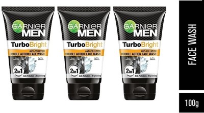 Garnier Men , Bright & Anti-Pollution, TurboBright Double Action, 100 g (Pack Of 3) Face Wash(300 g)