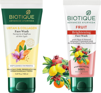 BIOTIQUE Ubtan & Collagen 150ml & Fruit Brightening 150ml Facewash Set of 2 Face Wash(300 ml)