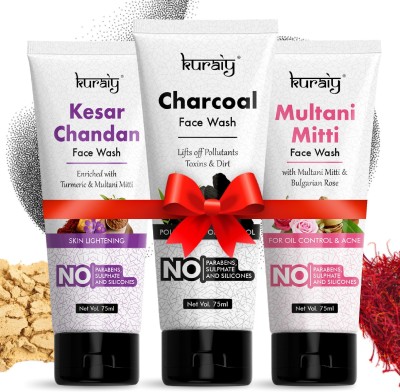 kuraiy Kesar Chandan Multani Mitti &Charcoal Skin Lightening &Tan Removal Face wash For Glow & Spotless Skin pack of 3 Face Wash(225 ml)