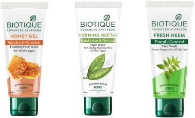 BIOTIQUE Fresh Neem & Morning Nectar & Honey Gel 100Ml  (Pack 0f 3) Face Wash(300 ml)