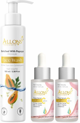 allons Papaya Premium Face wash (100 ML) With Vitamin C Serum (2 x 30ML) All Skin Type Serum and Face Wash(160 ml)