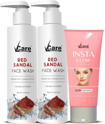 Vcare Red Sandal  2x100ml with Insta Glow Cream 50g | Skin Combo Offer Face Wash(100 ml)