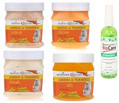BEAUCODE BioCare Sandal & Turmeric Facial Kit with Astfringent 100ml||Cream-Mask-Gel-Scrub 250gm(5 x 220 ml)