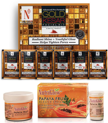 NutriGlow NATURAL'S Advanced Formula Pack of 2 Gold Kesar Facial Kit 60gm & Papaya Bleach Cream 43gm(2 x 51.5 g)