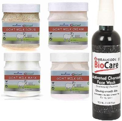 BEAUCODE BioCare Goat Milk Facial Kit With Charcoal Face wash Cream-Mask-Gel-Scrub(5 x 220 ml)