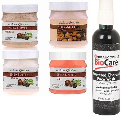 BEAUCODE BioCare Shea Butter Facial Kit with Charcoal Face Wash-Cream-Mask-Gel-Scrub(5 x 220 ml)