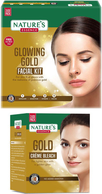 Nature's Essence Party Ready Glowing Gold Combo, Gold Facial Kit & Creme Bleach, Pack of 2(2 x 40.5 g)