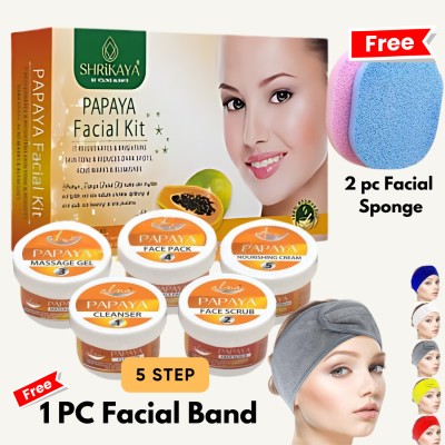 Shrikaya Papaya Facial Kit - 5 Step Skincare | 2pc Facial Sponge & 1pc Facial Band(80 g)