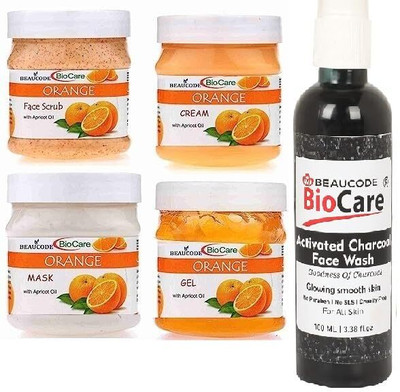 BEAUCODE BioCare Orange Facial Kit with Charcoal Face Wash Cream-Mask-Gel-Scrub(5 x 220 ml)