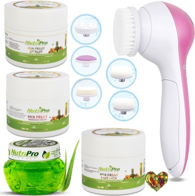 NutriPro Fruit Facial Kit With Aloevera Gel Extract With Orange Fruit Extract & Massager(5 x 100 g)