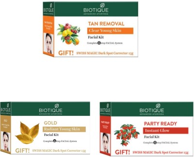 BIOTIQUE Facial Kit Combo - Tan Removal , Gold & Party Ready 65g Each(3 x 65 g)