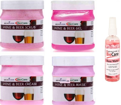 BEAUCODE BioCare Wine & Beer Facial Kit with Rose Water 100ml||Cream-Mask-Gel-Scrub 250gm Each(5 x 220 ml)