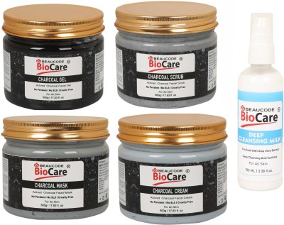 BEAUCODE BioCare Charcoal Facial Kit 500 ml Each With Deep Cleansing Milk 100ml|| 5pc(5 x 420 ml)