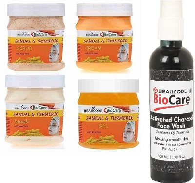 BEAUCODE BioCare Sandal & turmeric Facial Kit with Charcoal Face wash Cream-Mask-Gel-Scrub(5 x 220 ml)