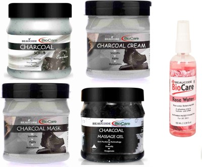 BEAUCODE BioCare Charcoal Facial Kit with Rose Water 100ml||Cream-Mask-Gel-Scrub 250gm Each(5 x 220 ml)