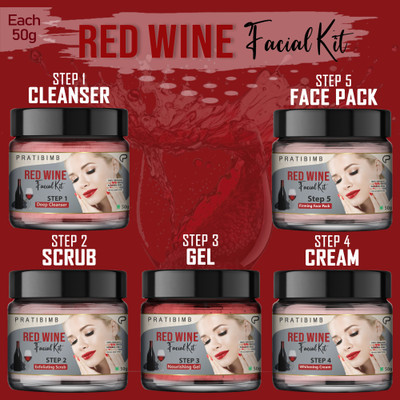 Pratibimb Complete Red Wine Facial Kit for Hydration, Brightening, and Anti-Aging(5 x 10 g)