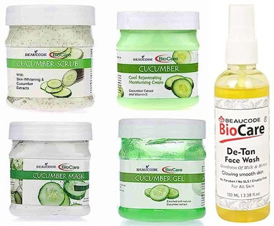 BEAUCODE BioCare Cucumber Facial Kit 250gm Each with De-Tan Face Wash 100ml||(5 x 220 ml)
