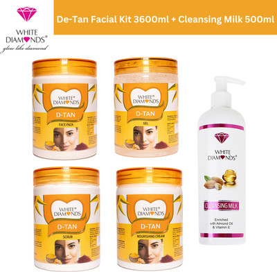 White Diamonds De-Tan Facial Kit + Cleansing Milk | Complete Skincare Combo for Tan Removal(4 x 900 ml)