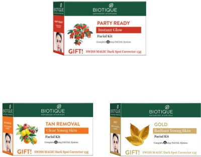 BIOTIQUE Facial Kit Combo - Party Ready , Tan Removal & Gold 65g Each(3 x 65 g)