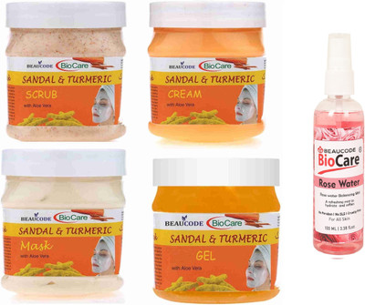 BEAUCODE BioCare Sandal & Turmeric Facial Kit with Rose Water 100ml||Cream-Mask-Gel-Scrub 250gm(5 x 220 ml)