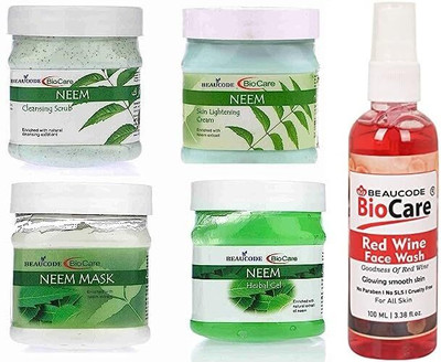 BEAUCODE BioCare Neem Facial Kit 250gm Each with Red Wine Face Wash 100ml||(5 x 220 ml)