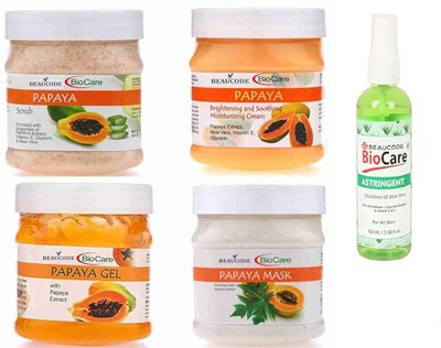 BEAUCODE BioCare Papaya Facial Kit with Astringent 100ml || Cream-Mask-Gel-Scrub 250gm Each(5 x 220 ml)
