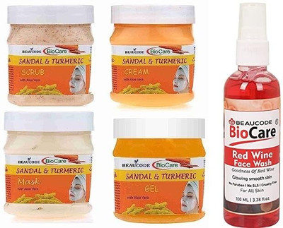 BEAUCODE BioCare andal & Turmeric Facial Kit 250gm Each with Red Wine Face Wash 100ml||(5 x 220 ml)