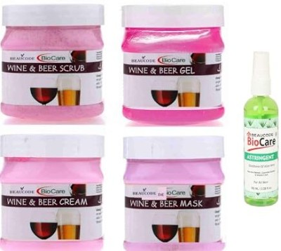 BEAUCODE BioCare Wine & Beer Facial Kit with Astringent 100ml||Cream-Mask-Gel-Scrub 250gm Each(5 x 220 ml)