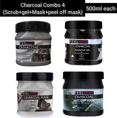 feelhigh Charcoal Facial Kit -Scrub,Gel,Mask & peel off mask(4 x 500 ml)