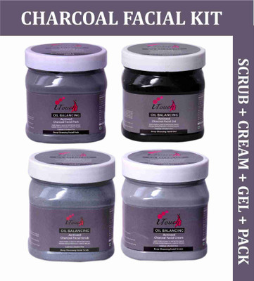 I TOUCH HERBAL Charcoal Facial Kit - Scrub + Cream + Pack + Gel 500 ml x 4(4 Items in the set)
