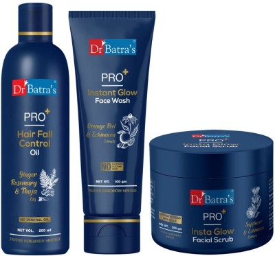 Dr Batra's PRO+ Hair Fall Control Oil -200ml, PRO+Instant Glow Face Wash-100 g and PRO+ Insta Glow Facial Scrub-250 g(3 x 183.33 ml)
