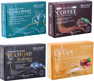 Mexico herbs HYDRA BOOST,COFFEE,DIAMOND,UBTAN FACIAL KIT FOR WOMEN O3 GLOW HYDRA KOREAN(4 x 60 g)