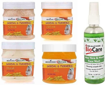 BEAUCODE BioCare Sandal &Turmeric Facial Kit 250gm Each with Aloevera & Neem Face Wash 100ml||(5 x 220 ml)