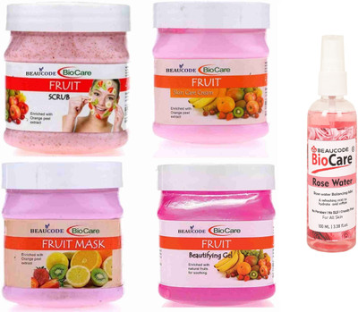BEAUCODE BioCare Fruit Facial Kit with Rose Water 100ml||Cream-Mask-Gel-Scrub 250gm Each(5 x 220 ml)