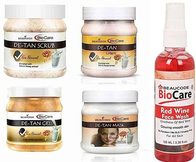 BEAUCODE BioCare De-Tan Facial Kit 250gm Each with Red Wine Face Wash 100ml||(5 x 220 ml)