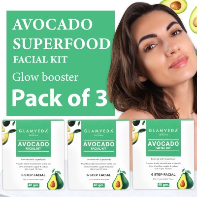 GLAMVEDA Avocado Super Food Glow Booster Facial Kit ( Pack Of 3 ) | 6 Steps Facial Kit(3 x 40 g)