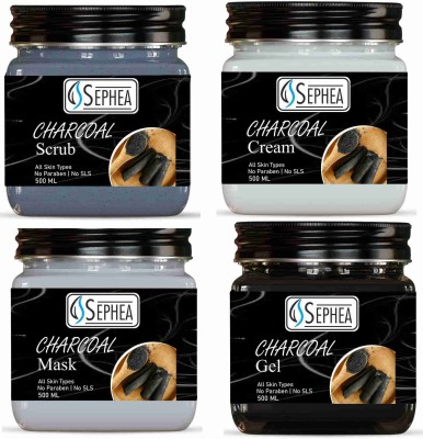 SEPHEA Professional Charcoal Facial Kit 2000 ml - Scrub + Cream + Pack + Gel 500 ml x 4(4 x 500 ml)
