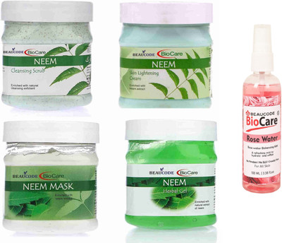 BEAUCODE BioCare Neem Facial Kit with Rose Water 100ml||Cream-Mask-Gel-Scrub 250gm Each(5 x 220 ml)