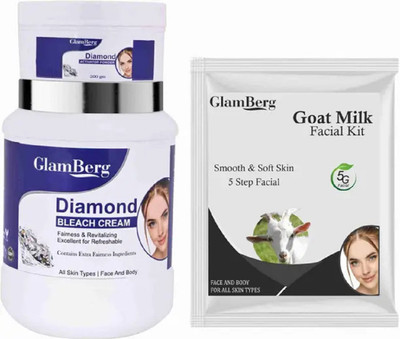 Glamberg Diamond Bleach Cream With Activator + Goat Milk Facial Kit 5 in 1(3 x 353.33 g)