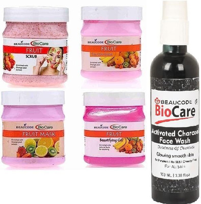 BEAUCODE BioCare Fruit Facial Kit With Charcoal Face wash Cream-Mask-Gel-Scrub(5 x 220 ml)