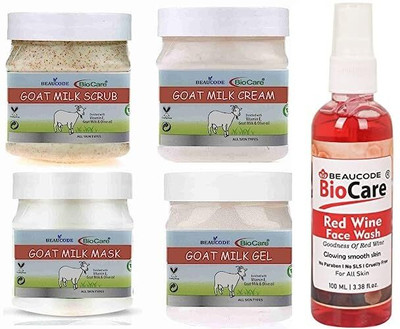 BEAUCODE BioCare Goat Milk Facial Kit 250gm Each with Red Wine Face Wash 100ml||(5 x 220 ml)