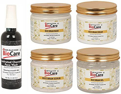 BEAUCODE BioCare Rice Bran Facial kit 500ml With Charcoal Face Wash-100ml(5 Set)(5 x 420 ml)