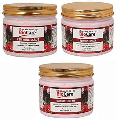 BEAUCODE BioCare Red Wine Facial Kit Scrub-Mask-Cream(3 x500 ml)(3 x 166.67 ml)
