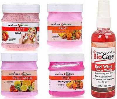 BEAUCODE BioCare Fruit Facial Kit 250gm Each with Red Wine Face Wash 100ml||(5 x 220 ml)