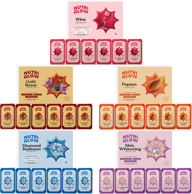 NutriGlow NATURAL'S Advanced Pro Formula Combo Pack of 5 Diamond Radiance,Skin Whitening,Gold Kesar,Papaya,Wine Facial Kit 60gm Each for Skin Cell Repair Reduce Pigmentation & Spotless Face(5 x 60 g)