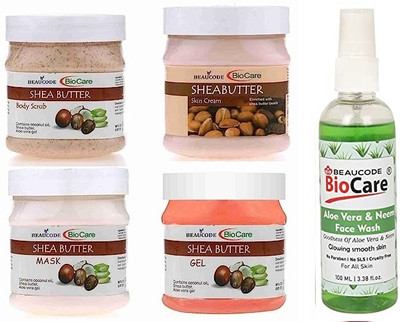 BEAUCODE BioCare Shea Butter Facial Kit with Aloevera & Neem Face Wash-Cream-Mask-Gel-Scrub 250gm(5 x 220 ml)