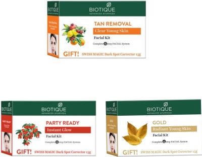 BIOTIQUE Facial Kit Combo - Tan Removal ,Party Ready & Gold 65g Each(3 x 65 g)