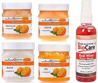 BEAUCODE BioCare Orange Facial Kit 250gm Each with Red Wine Face Wash 100ml||(5 x 220 ml)